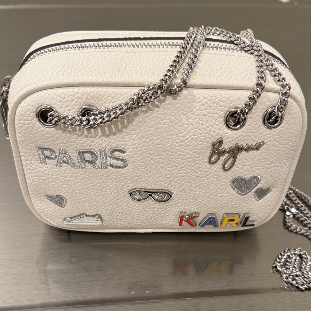 Karl Lagerfeld White Embellished Paris Crossbody Bag with Silver Chain